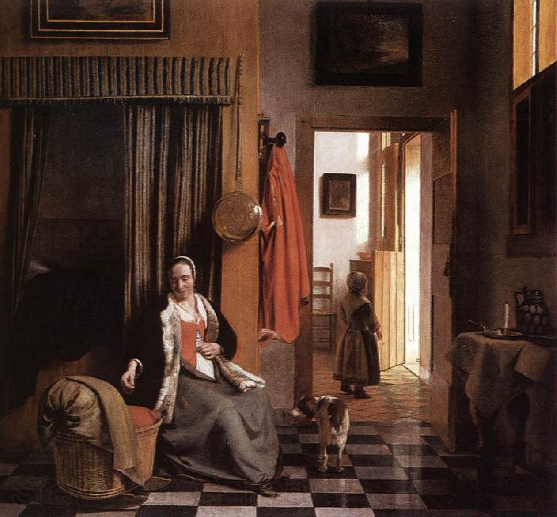 HOOCH, Pieter de Mother Lacing Her Bodice beside a Cradle s Spain oil painting art